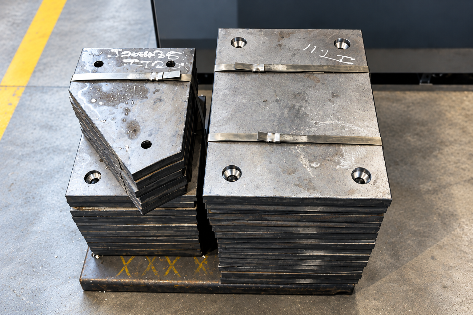 Stacks of drilled and countersunk steel liner plates secured with metal straps